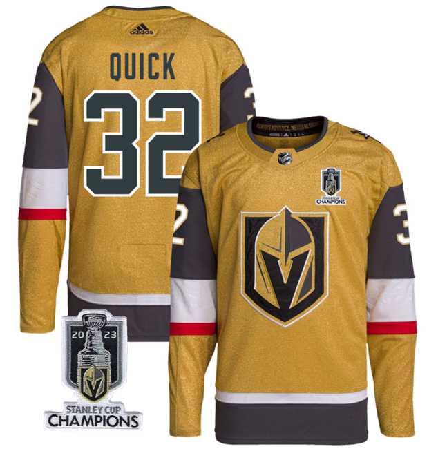 Mens Vegas Golden Knights #32 Jonathan Quick Gold 2023 Stanley Cup Champions Stitched Jersey->vegas golden knights->NHL Jersey